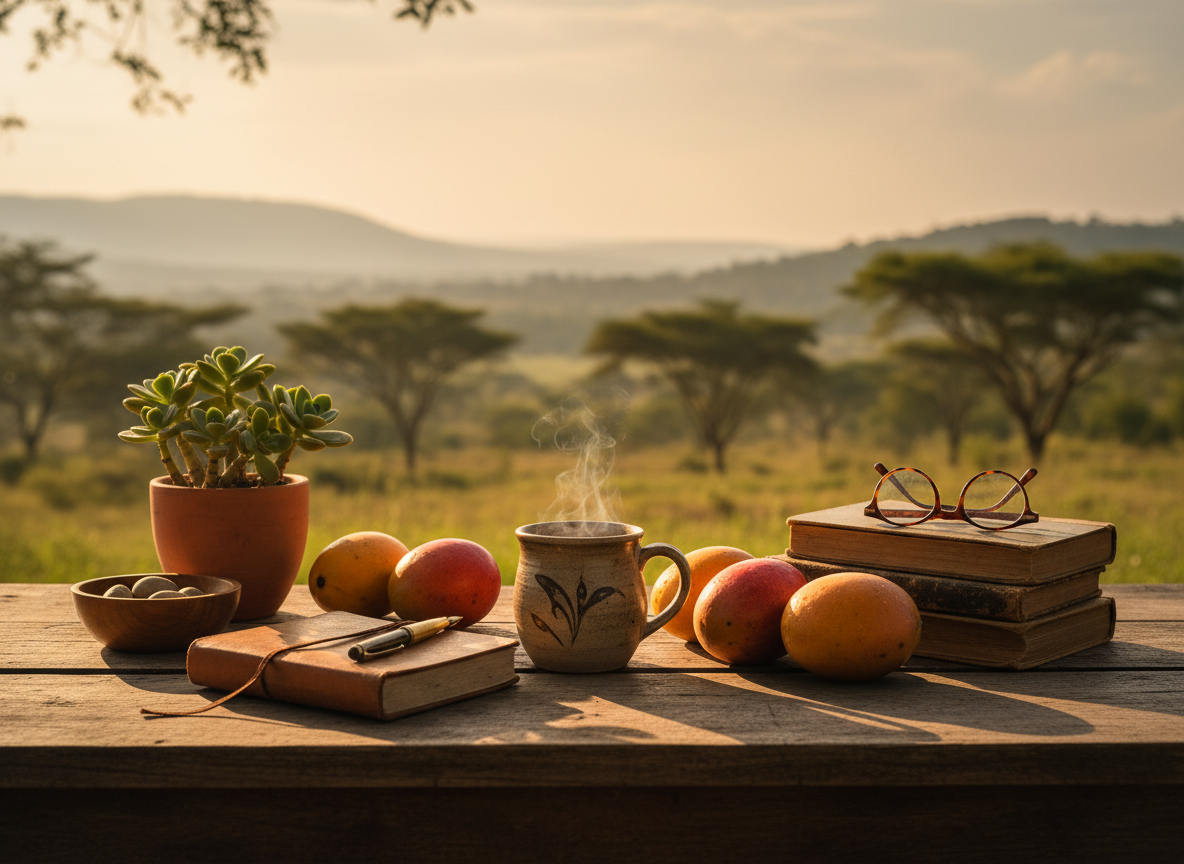 Wooden table of everyday treasures: mug, journal, fruit, plant and glasses in warm light