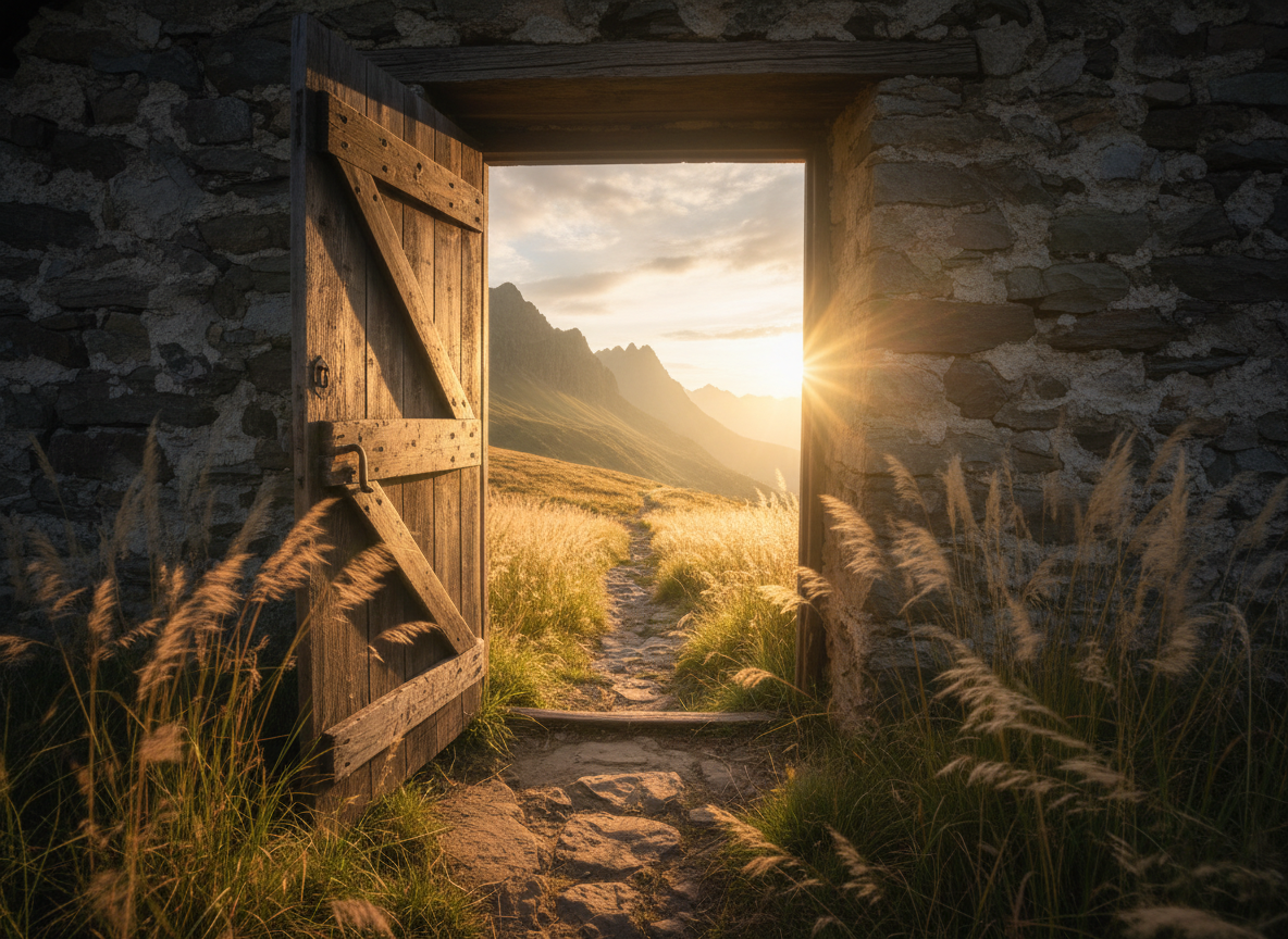 Open wooden doorway framing a sunlit mountain path and wide sky