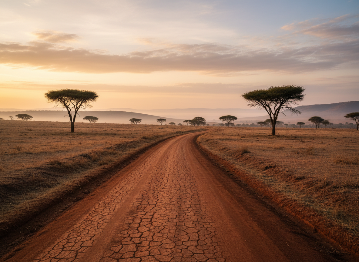 Empty highland road at dawn stretching toward a distant horizon