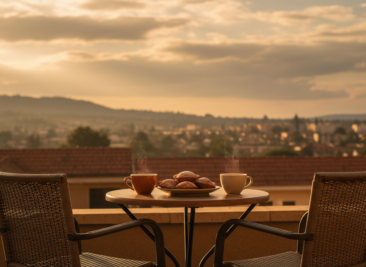 Two coffee cups and a shared plate on a cafe table with empty chairs