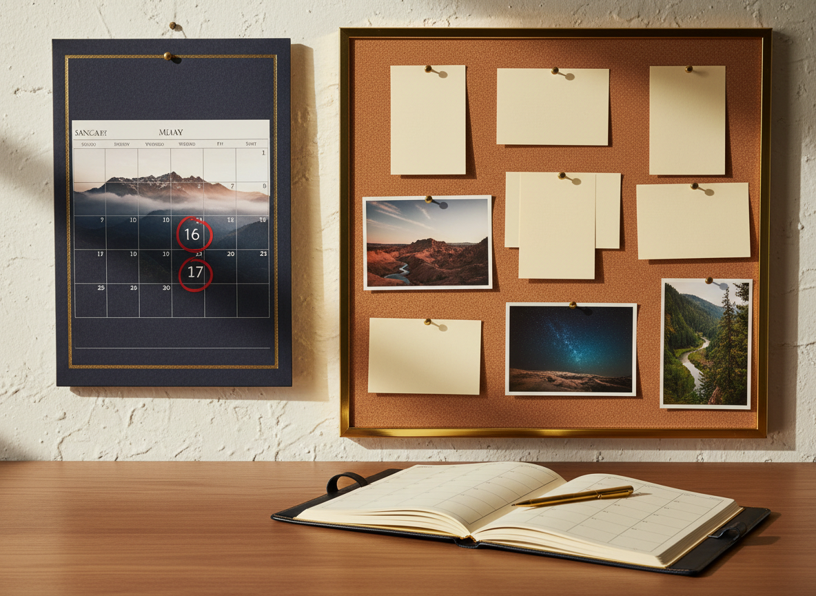 Calendar and cork board with landscape photos beside an open planner