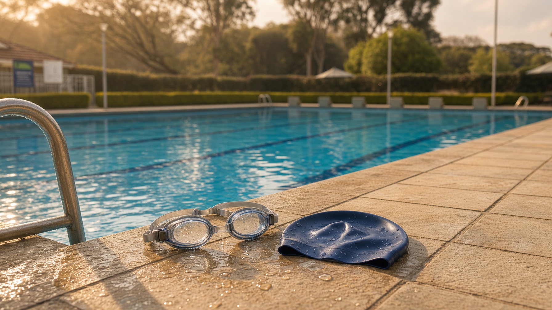 Outdoor swimming pool at golden hour with wet goggles and a navy swim cap on the tiled deck